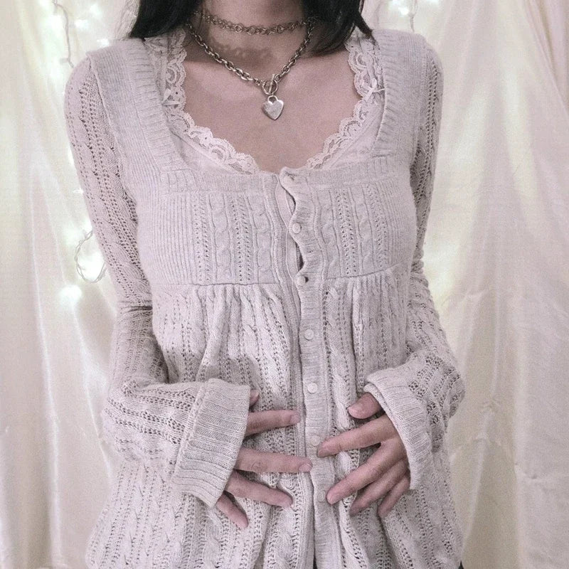 Vintage Babydoll Knit Sweater Top – Long Sleeve Cottagecore Milkmaid Pullover | Soft Knit Aesthetic Sweater