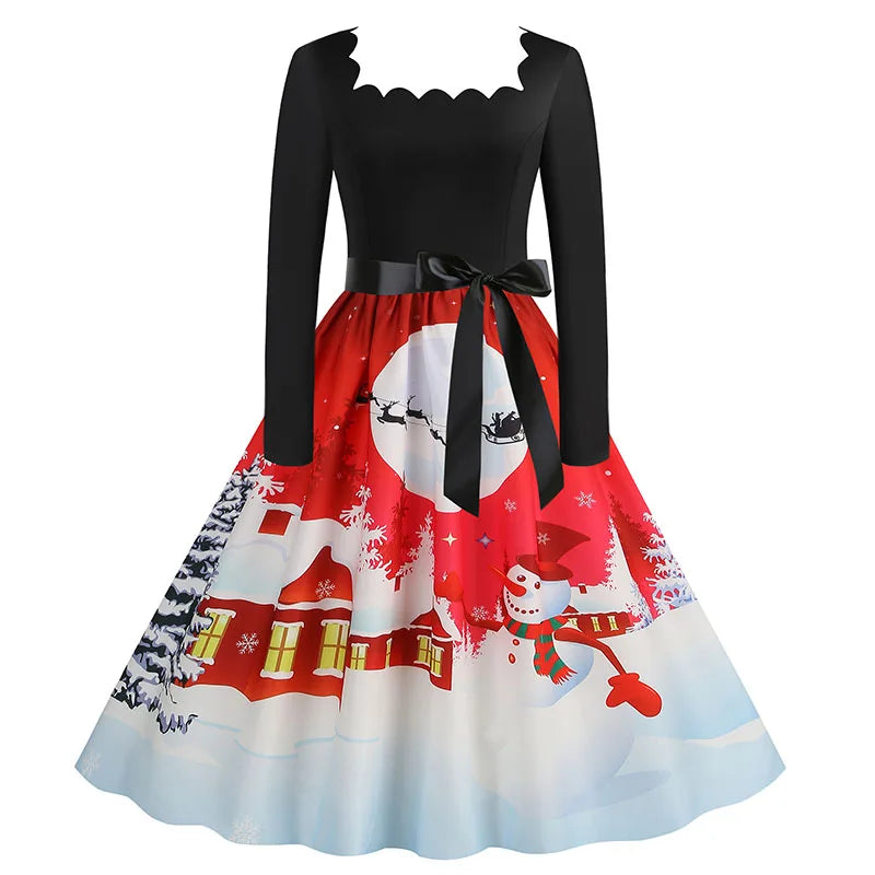 Women’s Vintage Christmas Midi Dress – Square Neck, Long Sleeves, Holiday Print Evening Party Wear