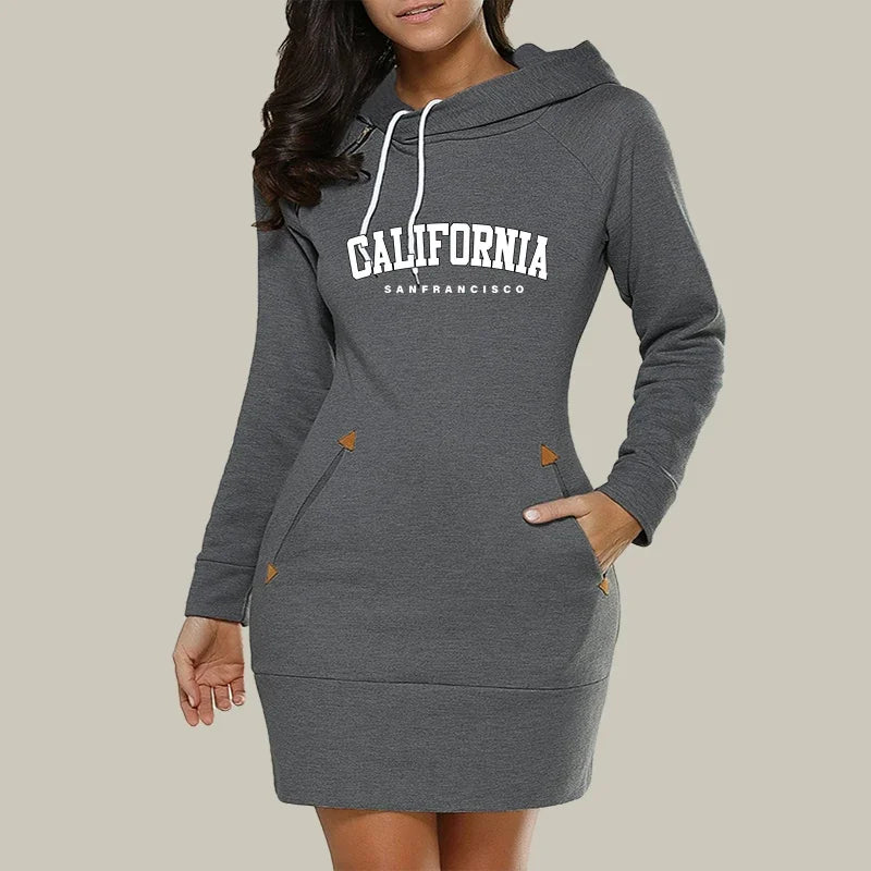 Women’s California Hoodie Dress – Long Sleeve Warm Sweatshirt Dress with Hood & Pockets