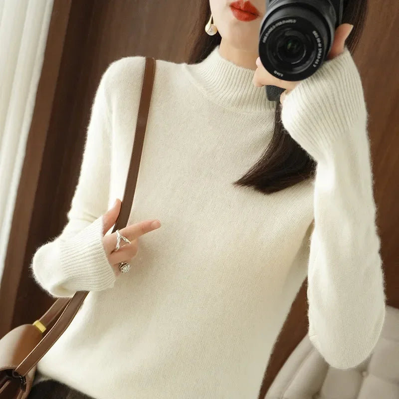 Cozy Winter High-Neck Knit Sweater for Women – Korean Style Slim Fit Top