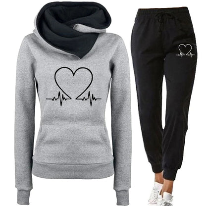 Women’s Cozy Hoodie & Jogger Set – Heartbeat Print Pullover Sweatshirt and Pants Two-Piece Set