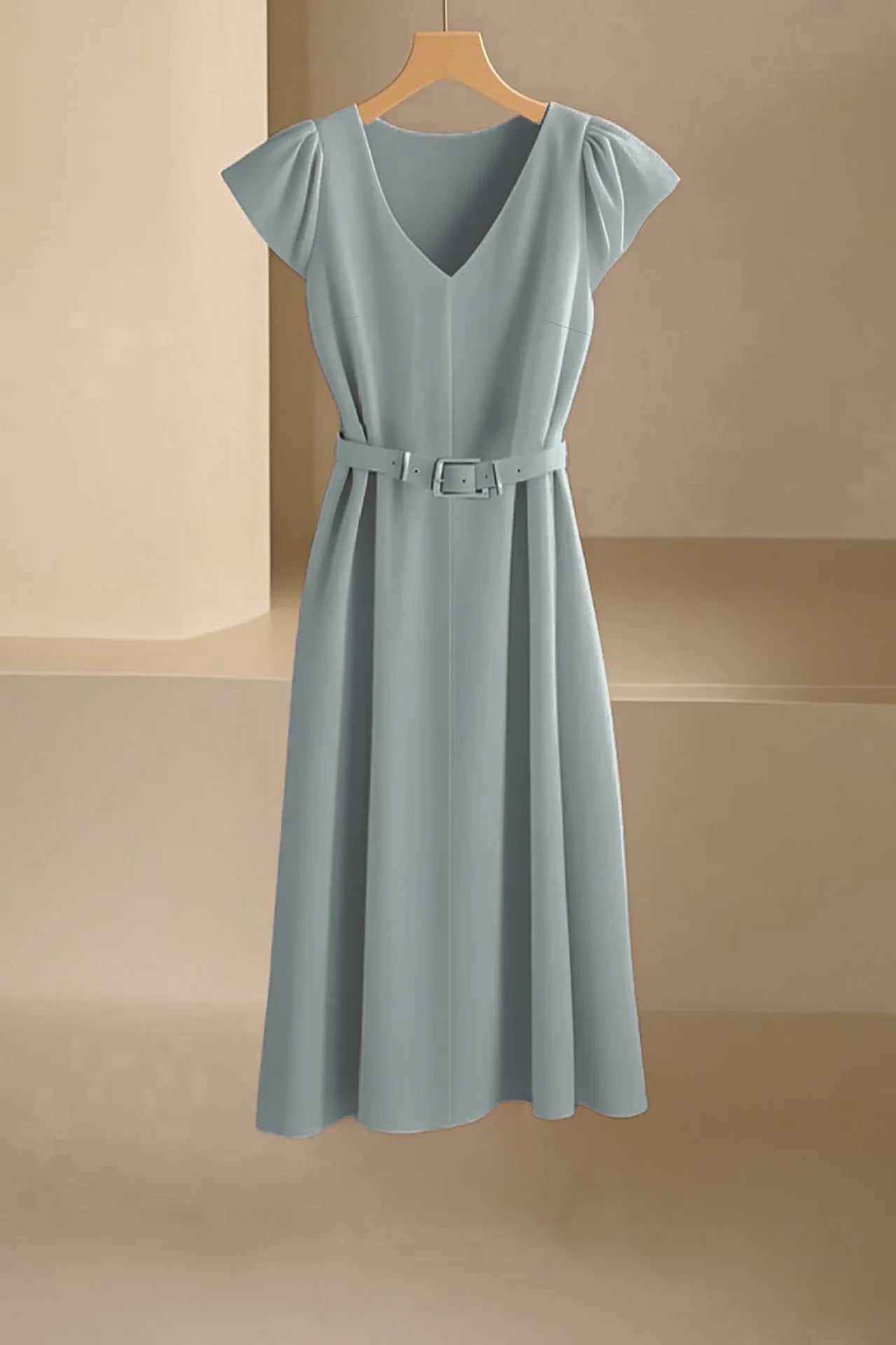 Elegant V-Neck Midi Dress – Soft Stretch Office Chic Dress with Flowy Silhouette