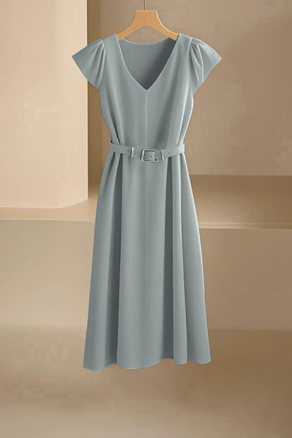 Elegant V-Neck Midi Dress – Soft Stretch Office Chic Dress with Flowy Silhouette