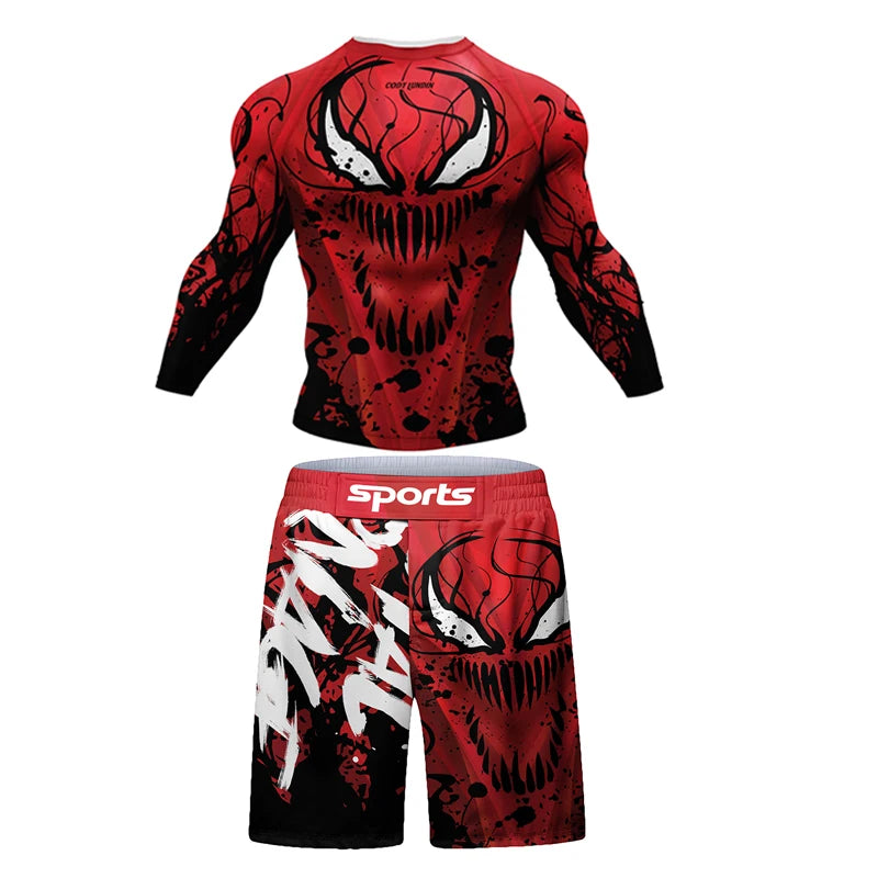 Men MMA Compression T-shirt Shorts Set Rashguard Jiu jitsu Set