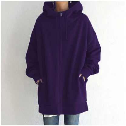 Oversized Hooded Longline Coat – Fleece-Lined Zip Up Tie-Collar Sweatshirt for Women (S–5XL)