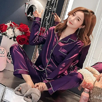 Plus Size Women’s Satin Pajama Set – Long Sleeve Button-Down Top & Pants | Winter Sleepwear