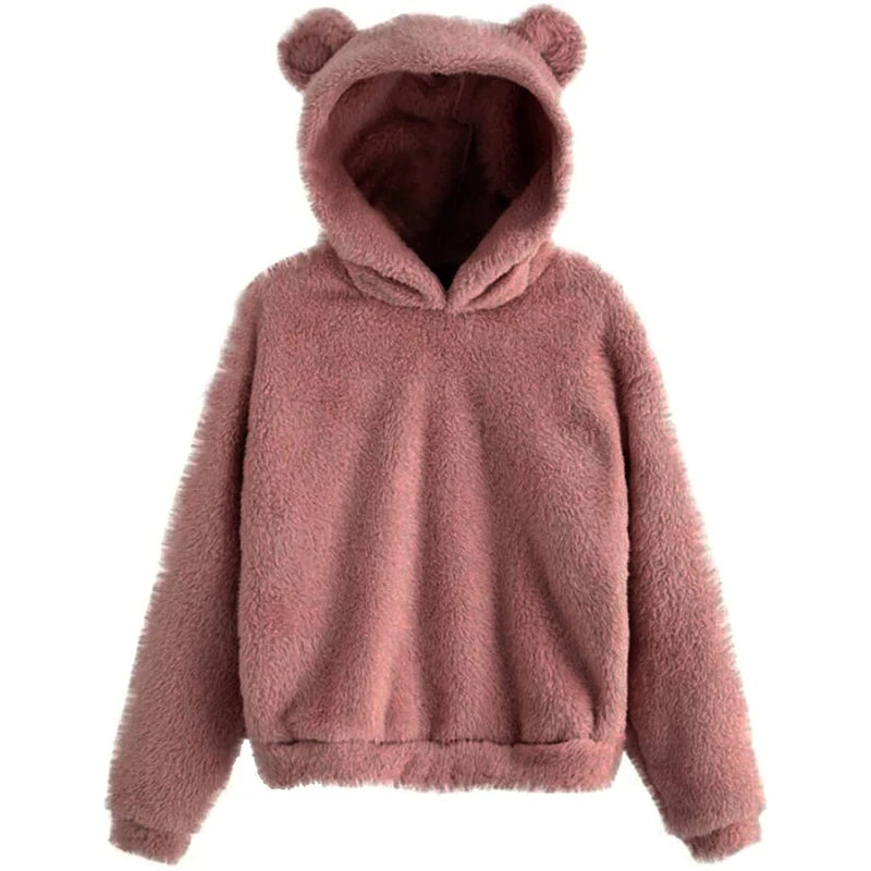 Women’s Fuzzy Bear-Ear Hoodie – Soft Plush Long Sleeve Warm Winter Pullover with Hood
