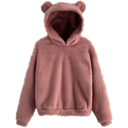 Women’s Fuzzy Bear-Ear Hoodie – Soft Plush Long Sleeve Warm Winter Pullover with Hood