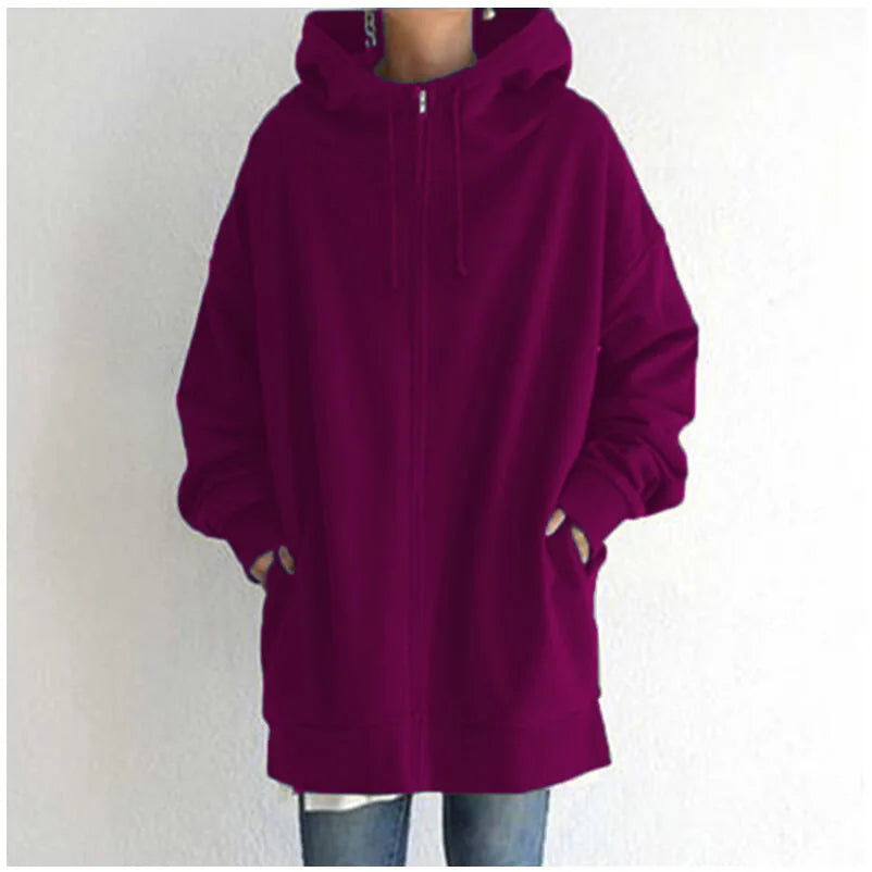 Oversized Hooded Longline Coat – Fleece-Lined Zip Up Tie-Collar Sweatshirt for Women (S–5XL)