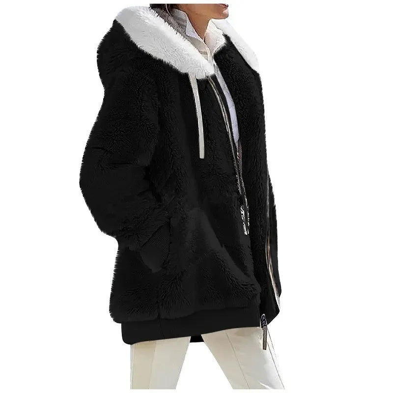 Women’s Cozy Fleece Hooded Winter Coat – Soft Plush Jacket with Warm Sherpa Lining