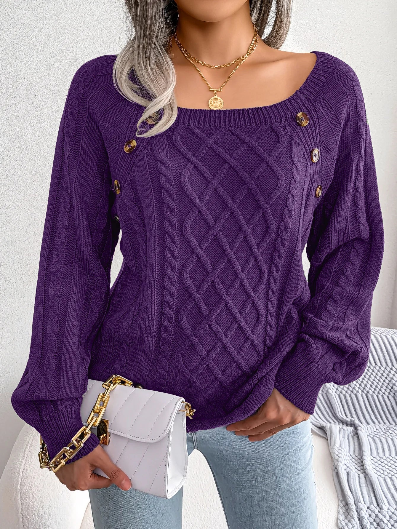 Women’s Square-Neck Button Detail Knit Sweater – Long Sleeve Textured Pullover for Fall & Winter