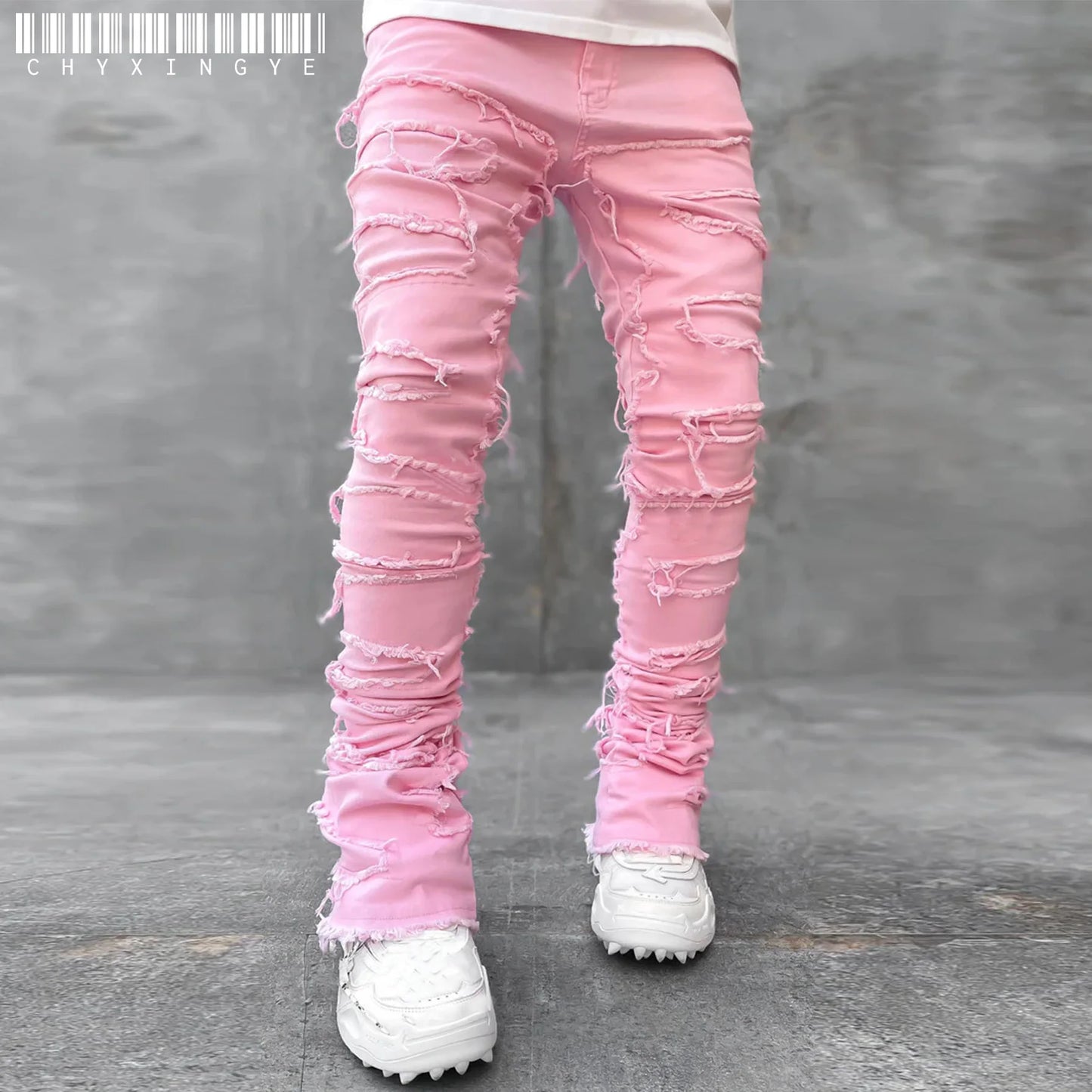 Men’s Stacked Distressed Ripped Jeans – Slim Fit Patchwork Destroyed Denim Streetwear