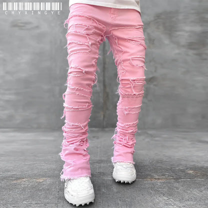 Men’s Stacked Distressed Ripped Jeans – Slim Fit Patchwork Destroyed Denim Streetwear