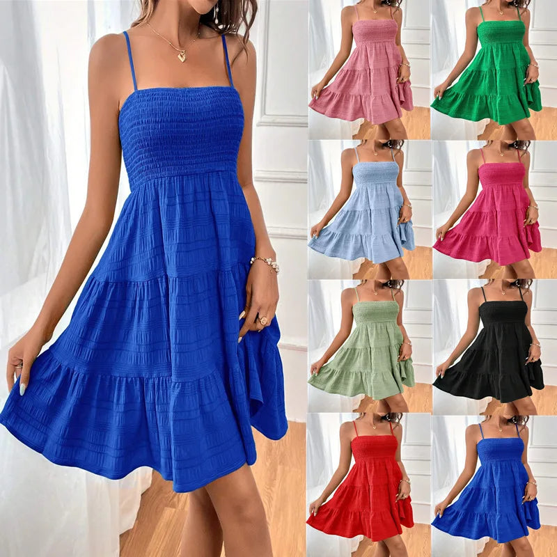 Women's Smocked Bodice Tiered Spaghetti Strap Dress – Flowy A-Line Fit, Textured Sundress
