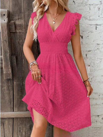 Women’s Lace Trim V-Neck Summer Dress – Flare Sleeve Hollow Detail A-Line Beach & Casual Holiday Dress