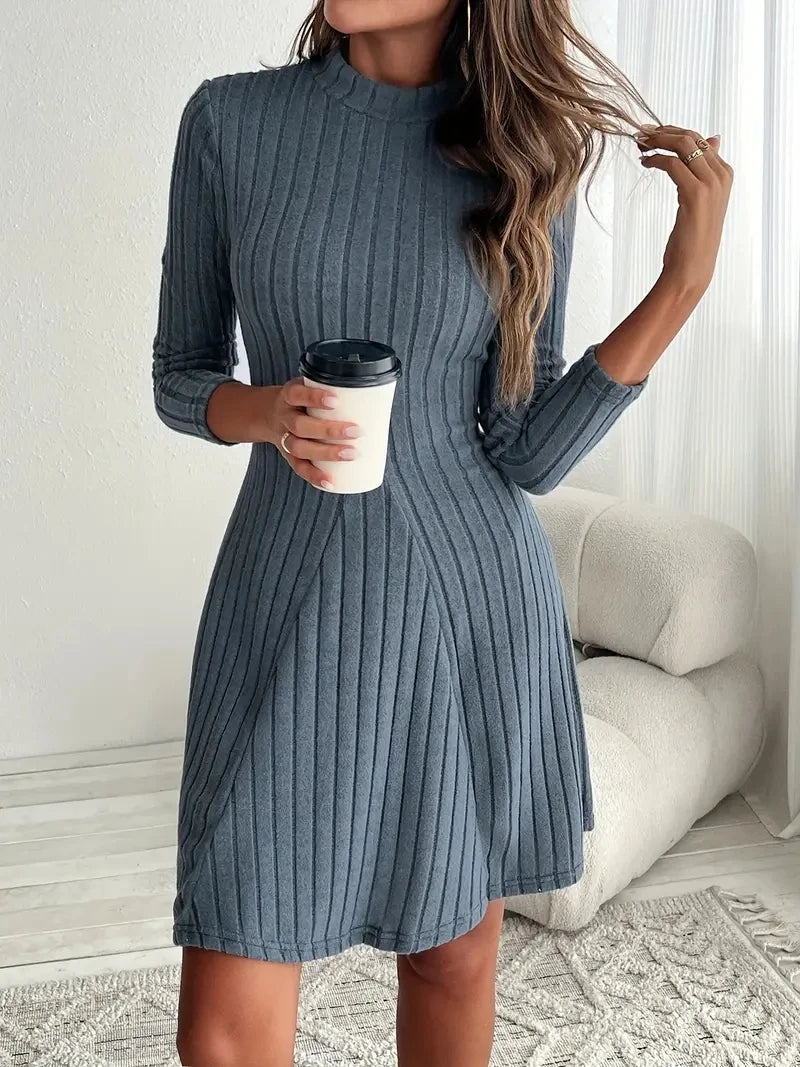 Ribbed High-Neck Long Sleeve Fit & Flare Dress – Waist-Cinched Stretch Knit Mini