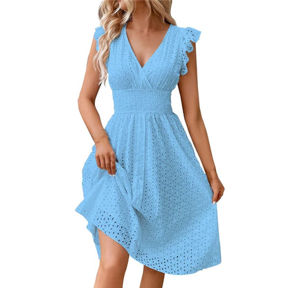 Women’s Lace Trim V-Neck Summer Dress – Flare Sleeve Hollow Detail A-Line Beach & Casual Holiday Dress