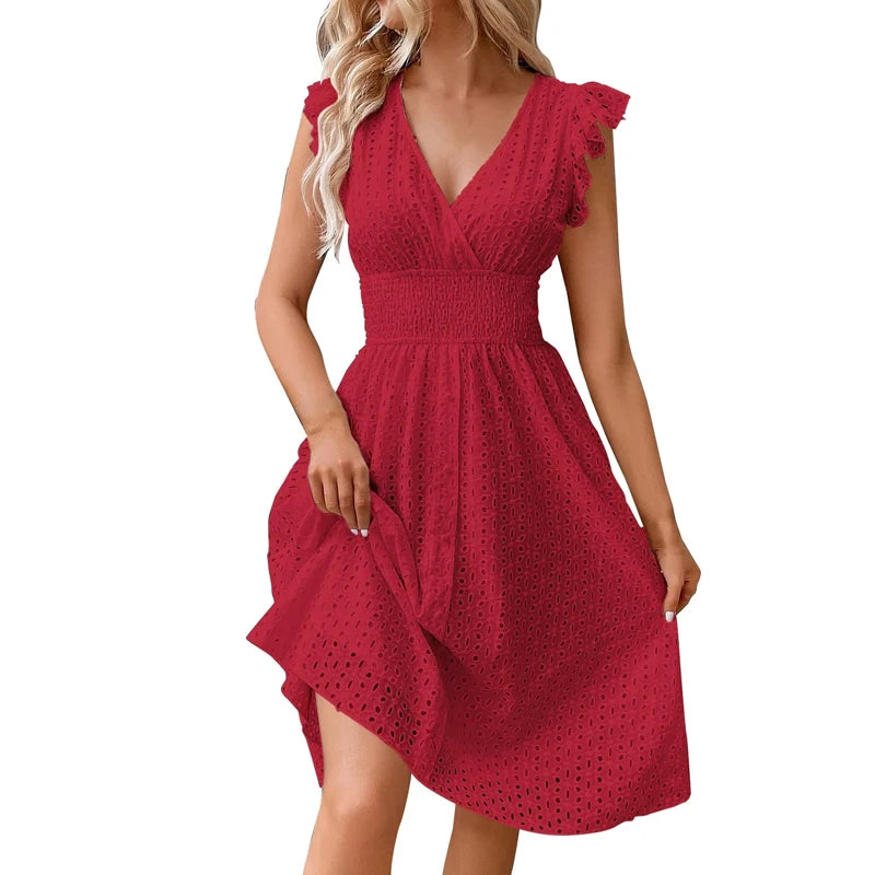 Women’s Lace Trim V-Neck Summer Dress – Flare Sleeve Hollow Detail A-Line Beach & Casual Holiday Dress