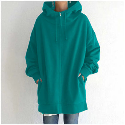 Oversized Hooded Longline Coat – Fleece-Lined Zip Up Tie-Collar Sweatshirt for Women (S–5XL)
