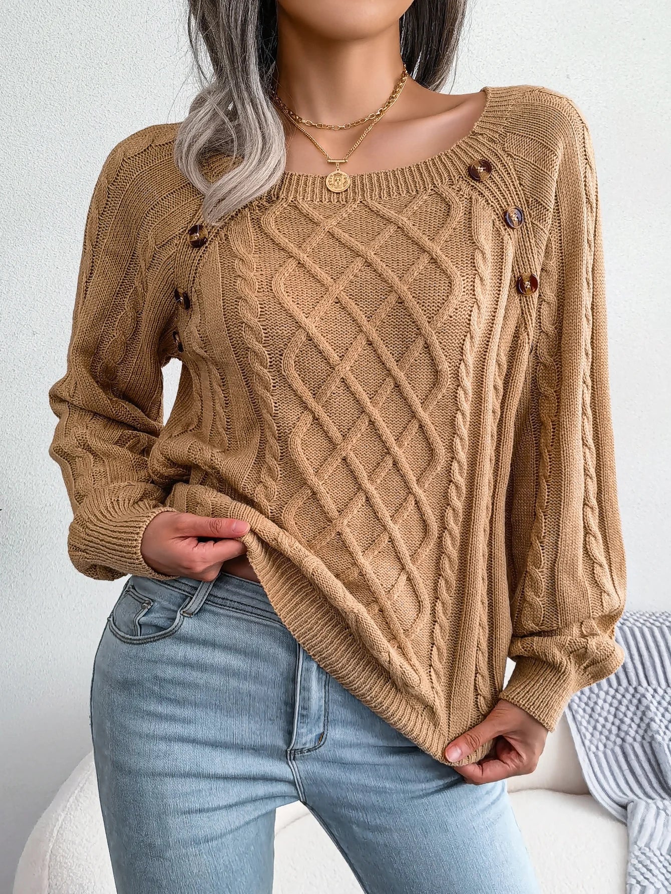 Women’s Square-Neck Button Detail Knit Sweater – Long Sleeve Textured Pullover for Fall & Winter