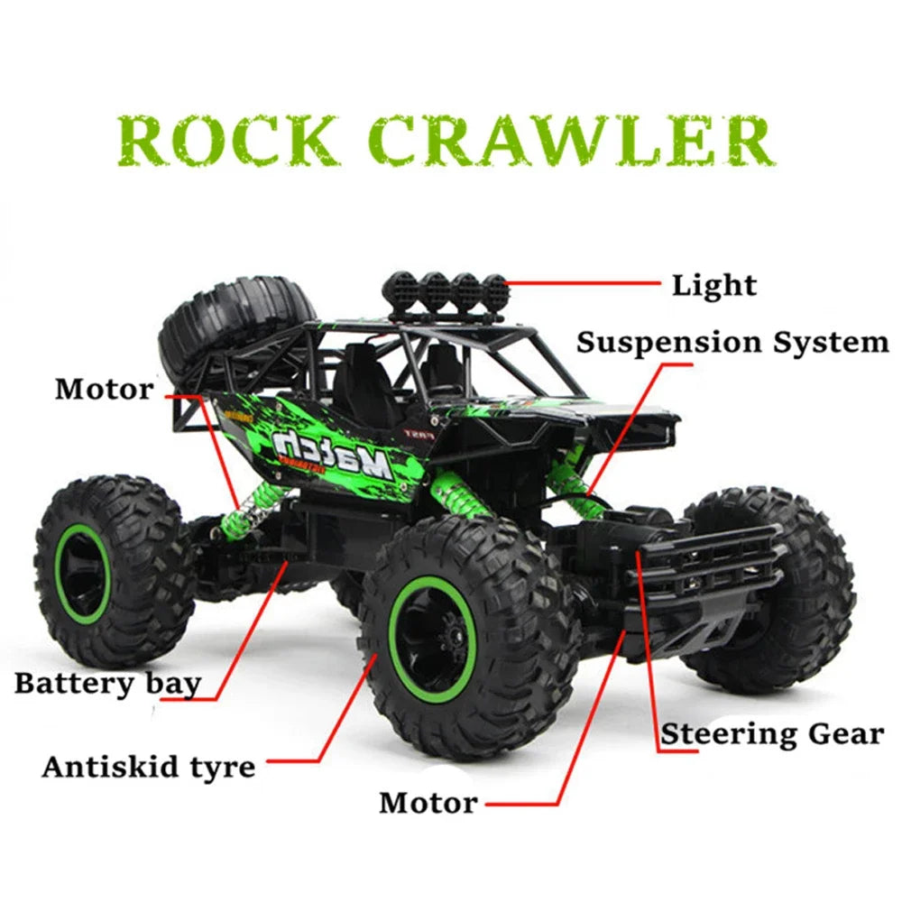 4WD Rock Crawler RC Truck – Dual-Motor Off-Road Remote Control Car with LED Lights & Suspension