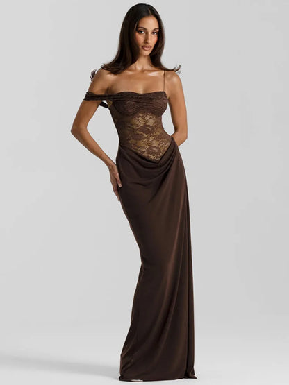 One-Shoulder Lace Maxi Gown – Backless Satin Evening Dress with Sheer Bodice