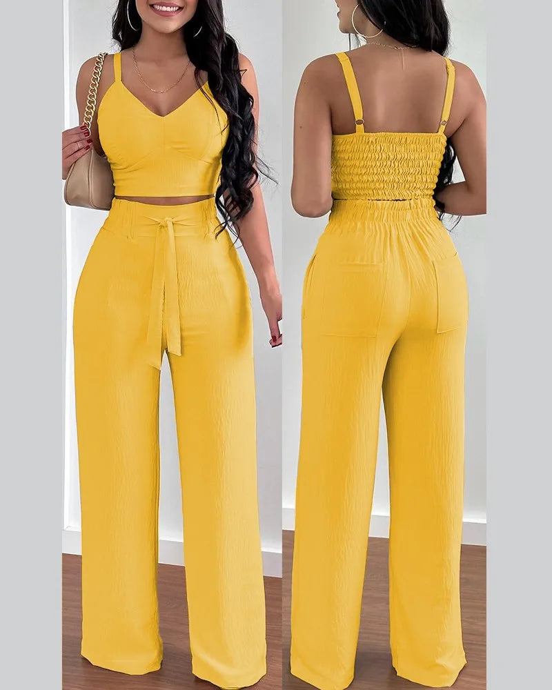 2-Piece V-Neck Crop Top & High Waist Wide-Leg Pants Set – Sexy Summer Outfit for Women