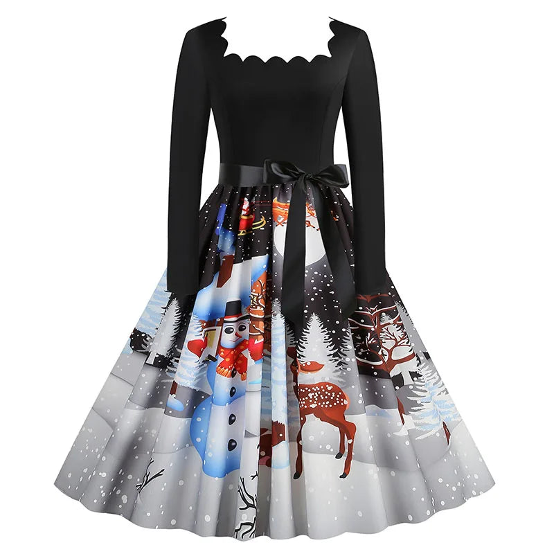 Women’s Vintage Christmas Midi Dress – Square Neck, Long Sleeves, Holiday Print Evening Party Wear
