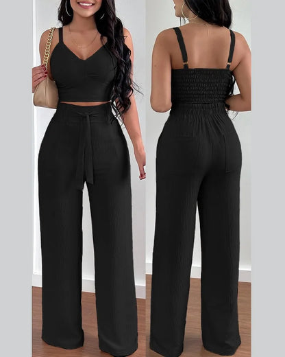 2-Piece V-Neck Crop Top & High Waist Wide-Leg Pants Set – Sexy Summer Outfit for Women
