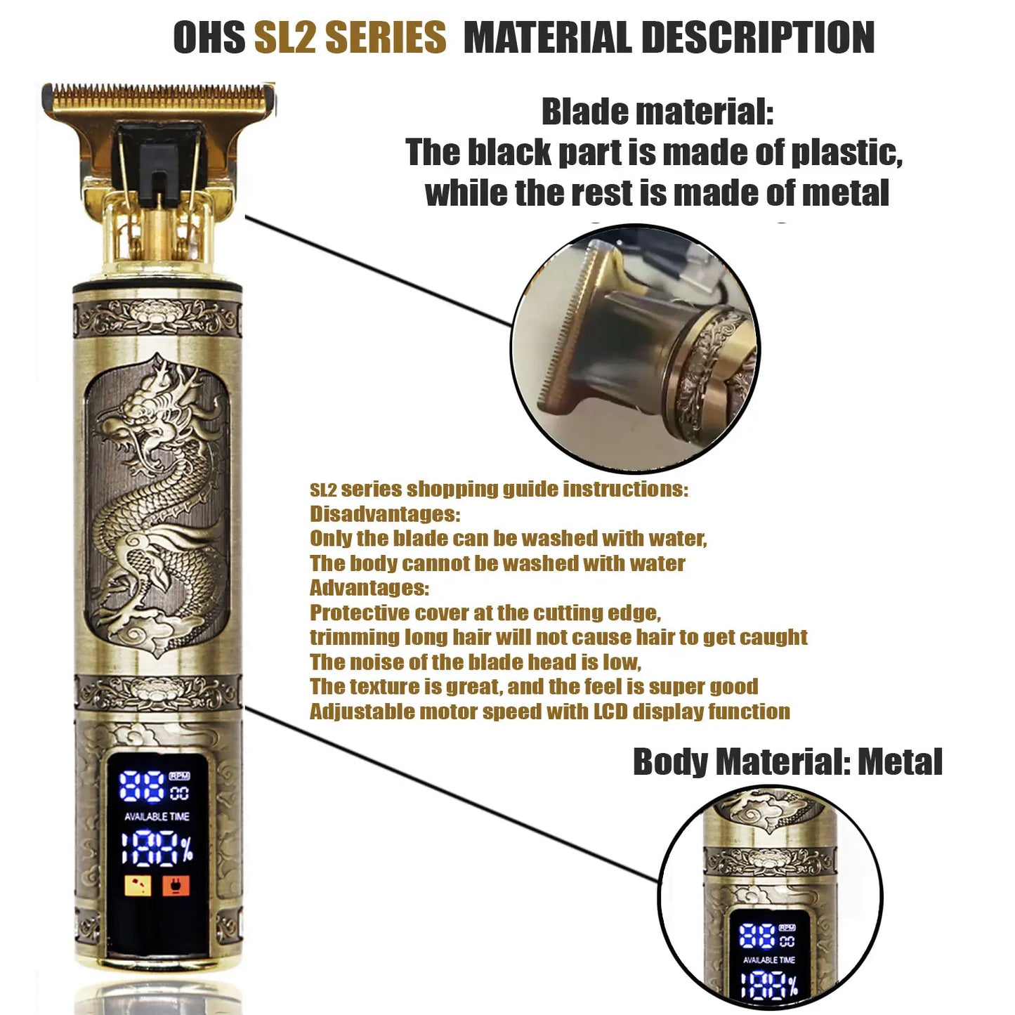 Dragon Engraved Hair Clipper –  Zero-Gap Shaver, Rechargeable Timmer