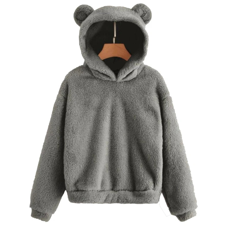 Women’s Fuzzy Bear-Ear Hoodie – Soft Plush Long Sleeve Warm Winter Pullover with Hood