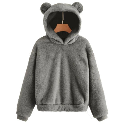 Women’s Fuzzy Bear-Ear Hoodie – Soft Plush Long Sleeve Warm Winter Pullover with Hood