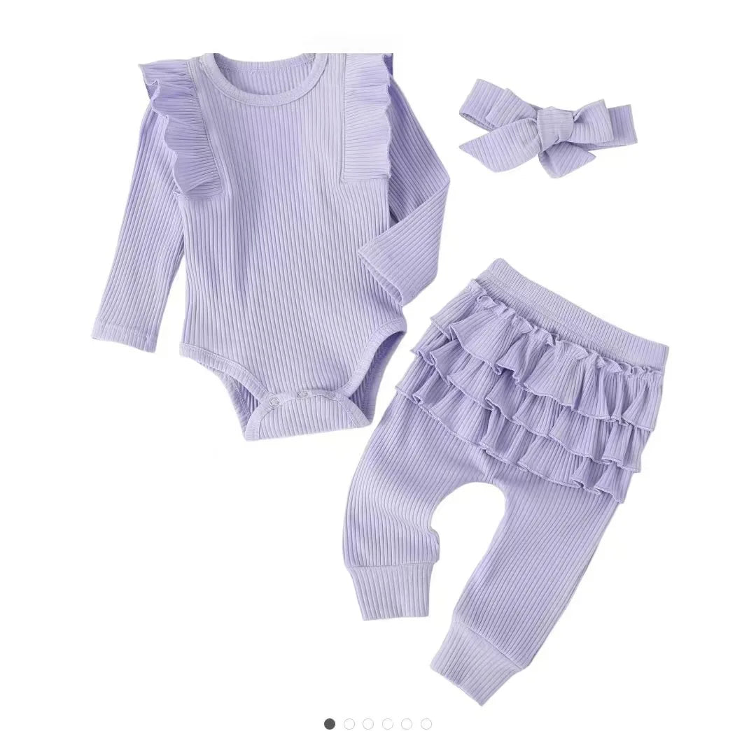 Baby Girl Ruffle Romper Outfit Set – Pants & Bow Headband (3-Piece Newborn–Toddler Set)