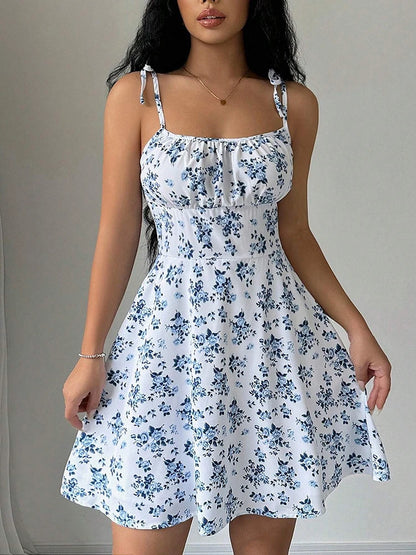 Floral Spaghetti Strap A-Line Summer Dress – Lightweight Beach Sundress with Bow Detail