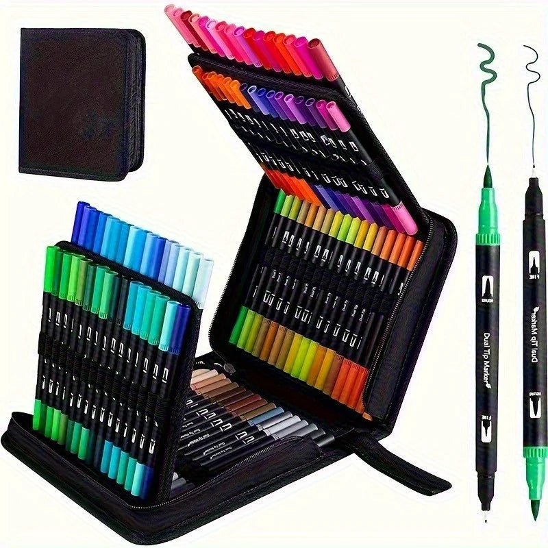 Dual Tip Watercolor Brush Marker Set with Case – Vibrant Art Pens for Drawing & Crafts