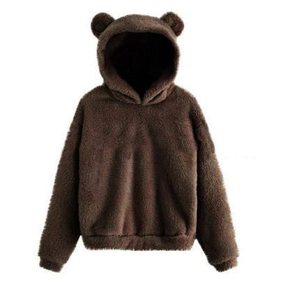 Women’s Fuzzy Bear-Ear Hoodie – Soft Plush Long Sleeve Warm Winter Pullover with Hood