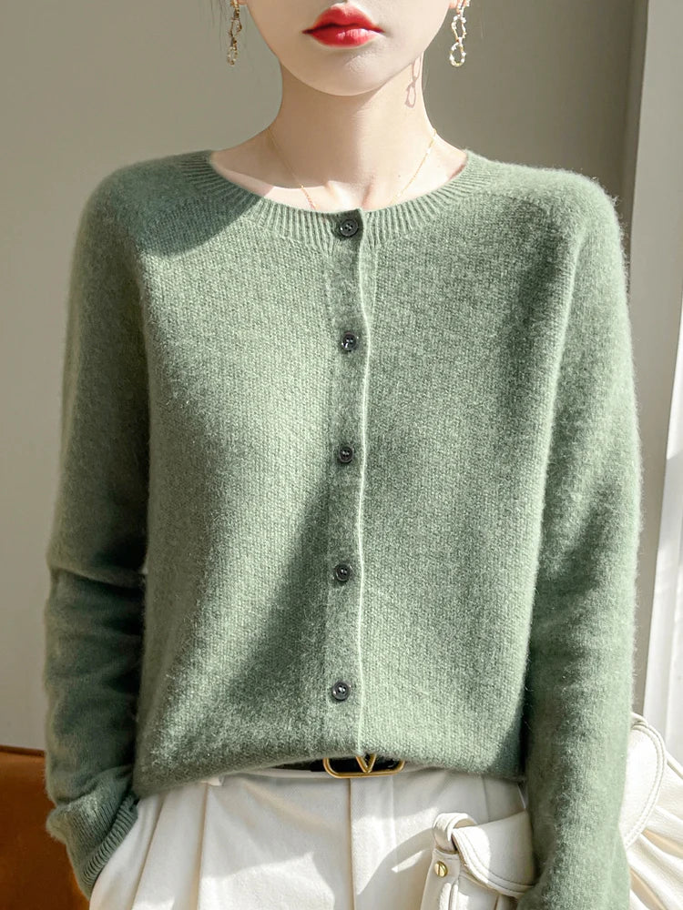 100% Merino Wool Women's Cardigan – Luxury Soft Knit Raglan Sleeve Button-Front Sweater