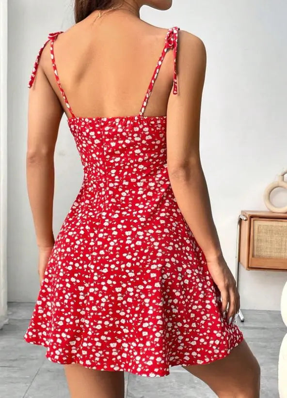 Flirty Red Floral Spaghetti Strap Mini Dress – Tie-Shoulder A-Line Fit, Sexy Summer Casual Sundress