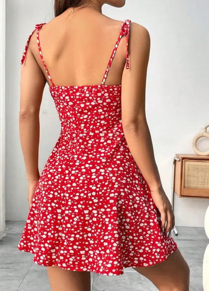 Flirty Red Floral Spaghetti Strap Mini Dress – Tie-Shoulder A-Line Fit, Sexy Summer Casual Sundress