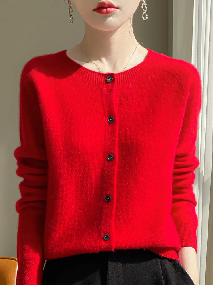 100% Merino Wool Women's Cardigan – Luxury Soft Knit Raglan Sleeve Button-Front Sweater