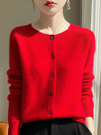 100% Merino Wool Women's Cardigan – Luxury Soft Knit Raglan Sleeve Button-Front Sweater