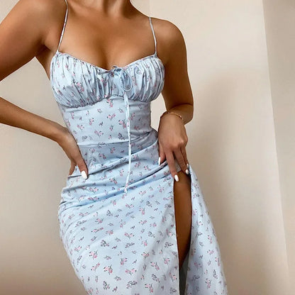 Floral Spaghetti Strap Bodycon Maxi Dress – Elegant Side-Slit Summer Vacation Dress