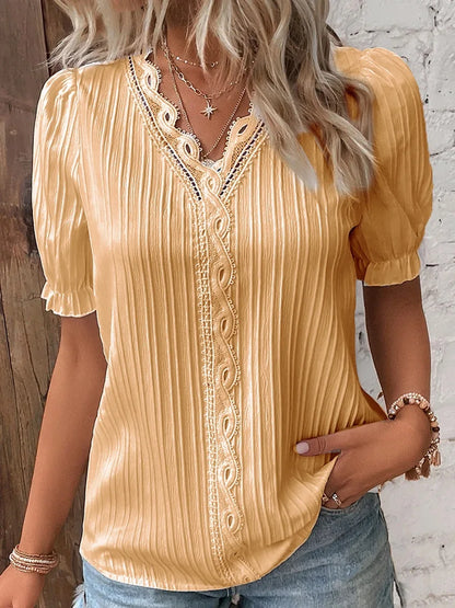 Women’s Lace Trim V-Neck Short Sleeve Blouse – Lightweight Summer Casual Top