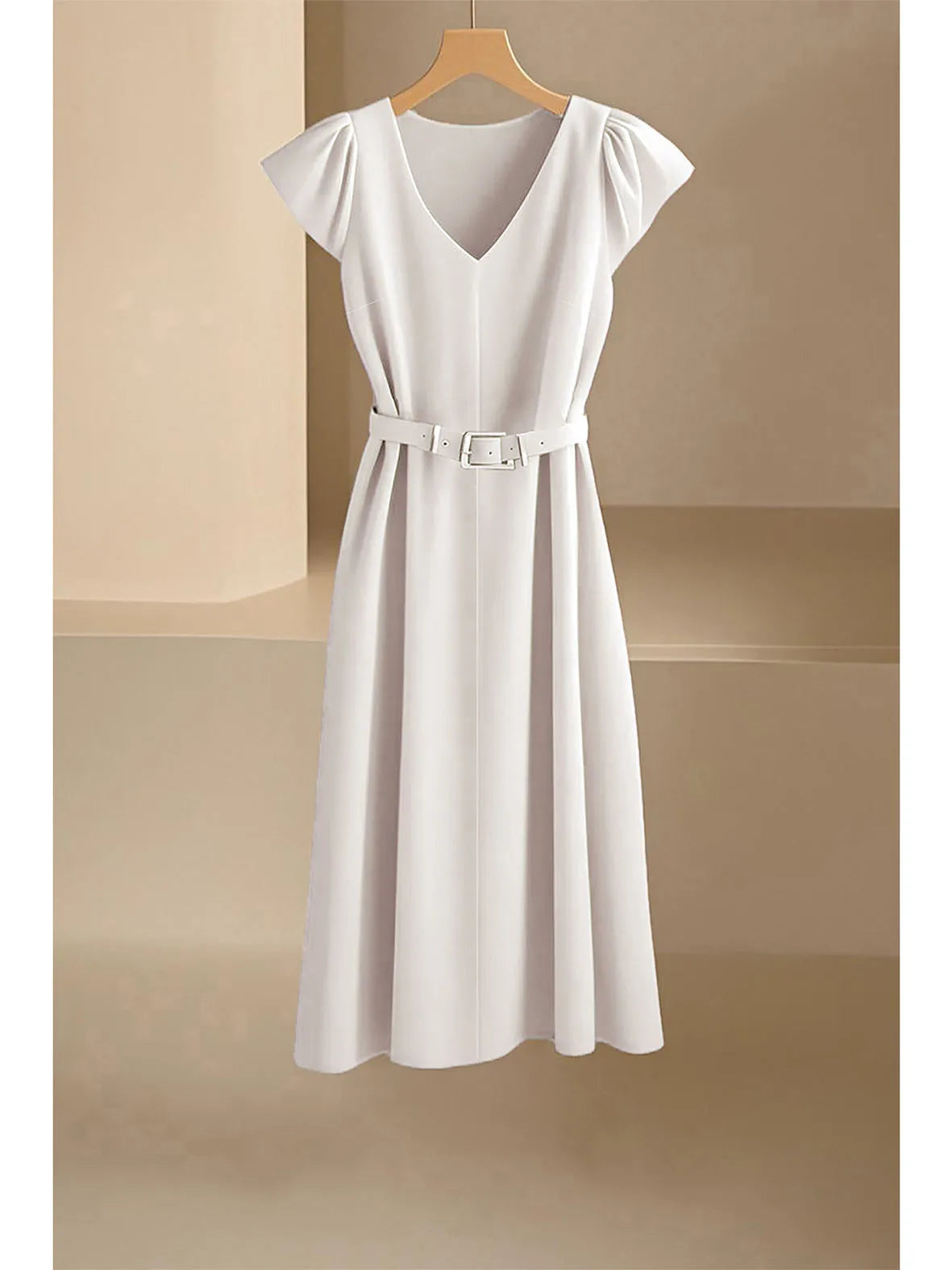 Elegant V-Neck Midi Dress – Soft Stretch Office Chic Dress with Flowy Silhouette