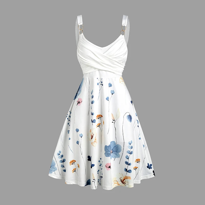 Women’s Floral V-Neck Corset Waist Dress – Sleeveless Lace-Up Cinched A-Line Midi Dress