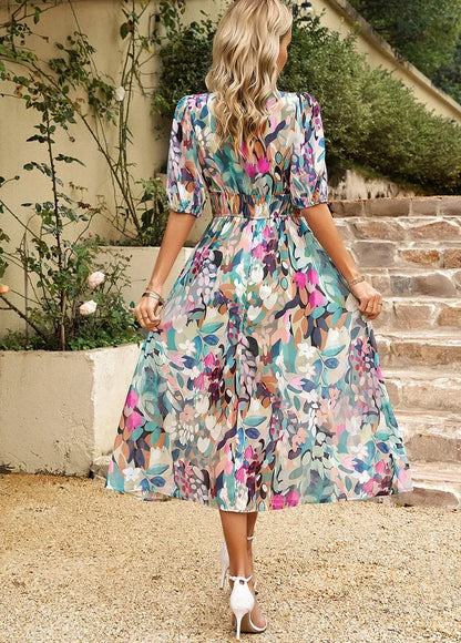 Summer V-Neck Floral Print Maxi Dress -  Lantern Sleeve