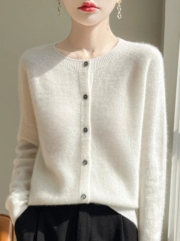 100% Merino Wool Women's Cardigan – Luxury Soft Knit Raglan Sleeve Button-Front Sweater