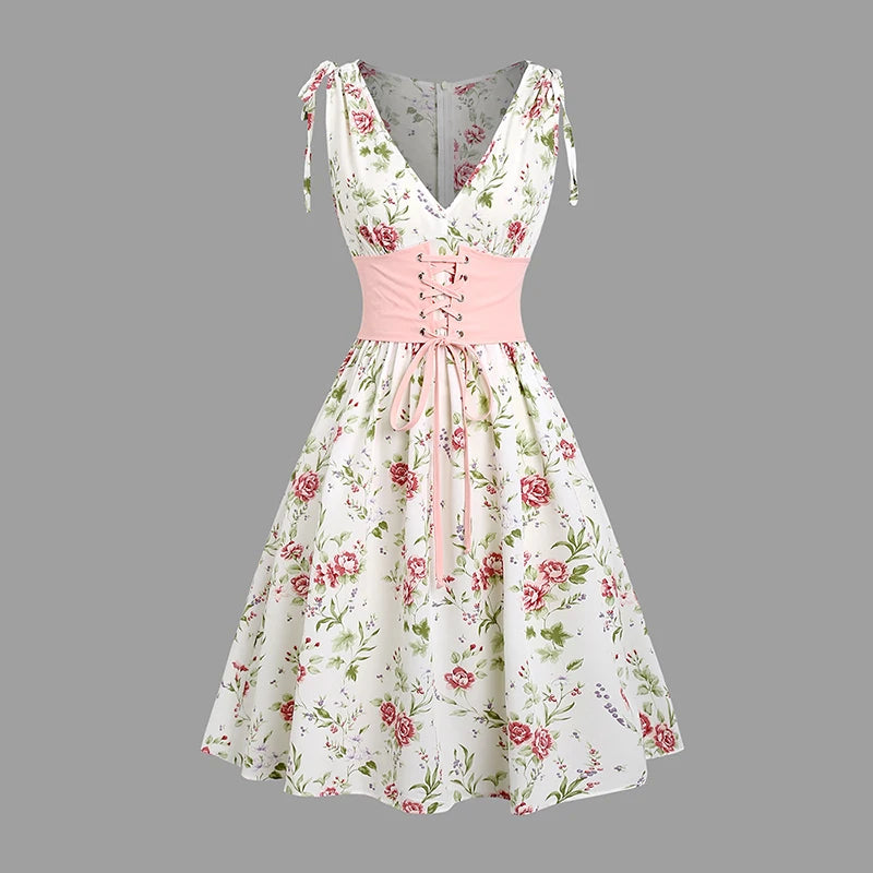 Women’s Floral V-Neck Corset Waist Dress – Sleeveless Lace-Up Cinched A-Line Midi Dress