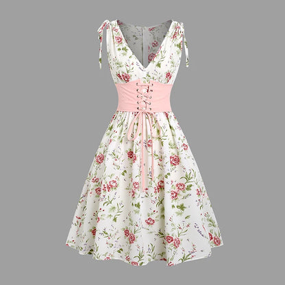 Women’s Floral V-Neck Corset Waist Dress – Sleeveless Lace-Up Cinched A-Line Midi Dress