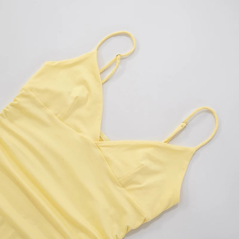 Spaghetti Strap Pleated Mini Dress – Low-Waist V-Neck Summer Skater Dress